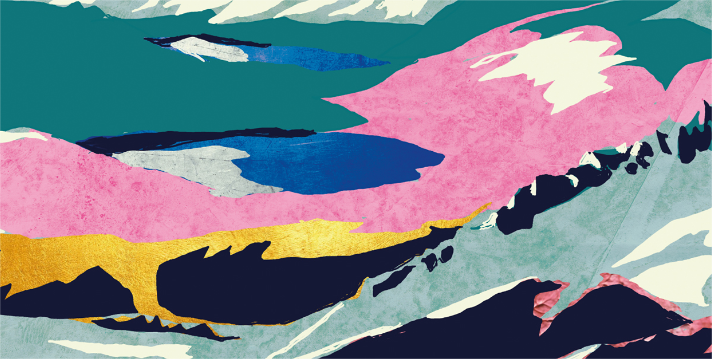 Large contemporary digital collage art print inspired by the Swiss Alps, featuring layered mountain landscapes, vibrant colors, textured surfaces, and abstract forms by Belgian illustrator Gert Paenen.