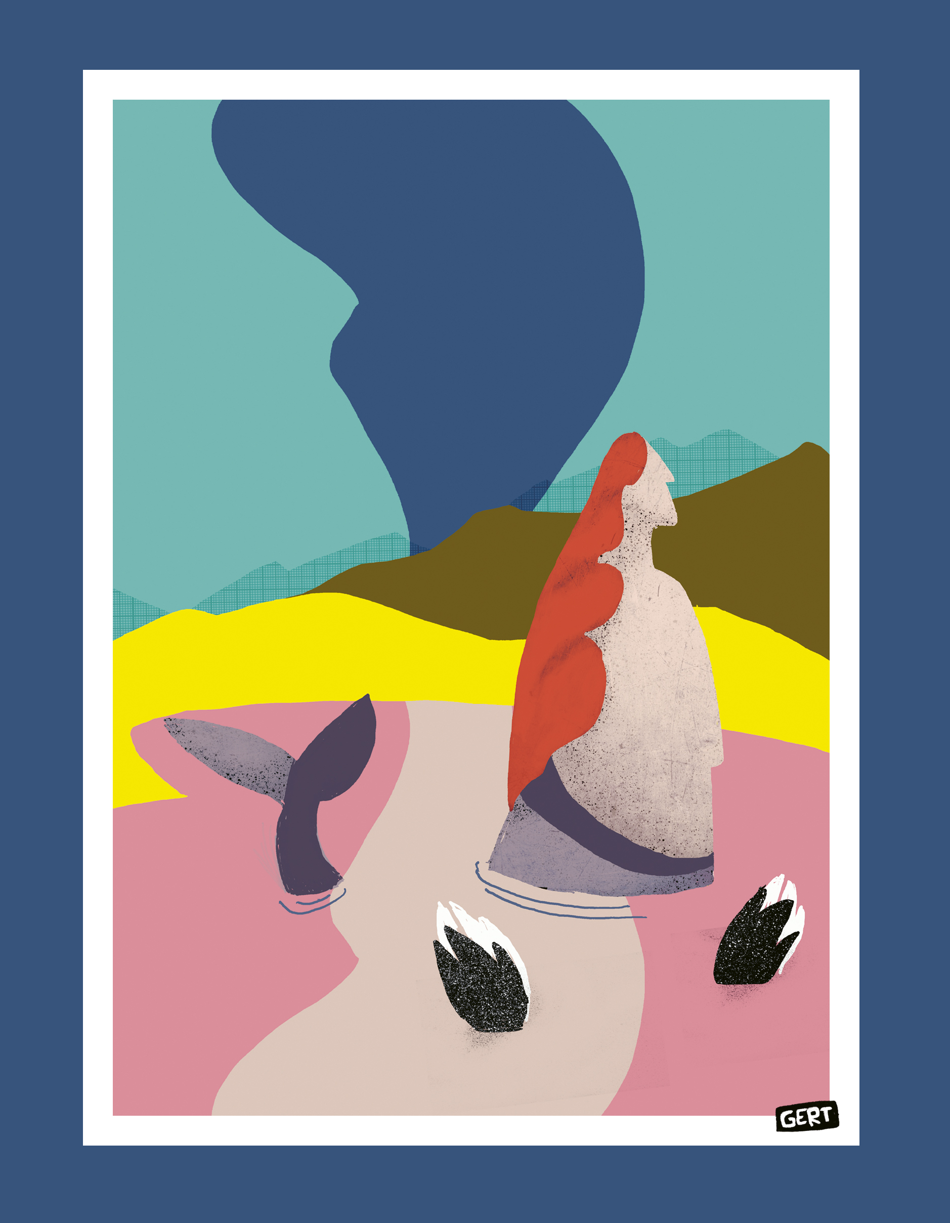 Mermaids 2 by Gert Paenen, colourful contemporary digital art print featuring a stylised mermaid with flowing red hair in a surreal coastal landscape with bright pink water, yellow dunes, blue sky, and modern abstract graphic shapes, printed on premium 300 g/m² paper.