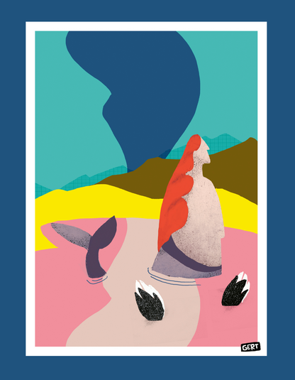 Mermaids 2 by Gert Paenen, colourful contemporary digital art print featuring a stylised mermaid with flowing red hair in a surreal coastal landscape with bright pink water, yellow dunes, blue sky, and modern abstract graphic shapes, printed on premium 300 g/m² paper.