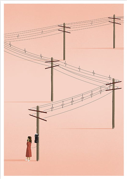 Minimalist art print titled 'Call' by Ana Yael, featuring a woman in a red dress using a vintage telephone on a wooden pole, with telephone wires stretching across a soft pink background – poetic and nostalgic wall art available at Galerie Frits