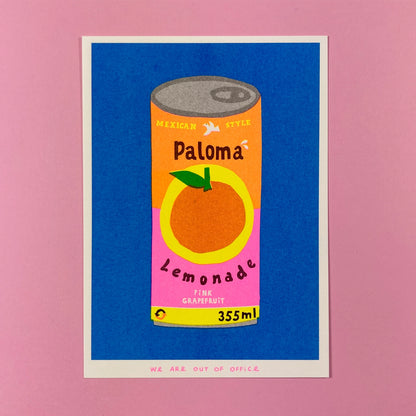 Colorful risograph print of a retro-style Paloma lemonade can with pink grapefruit label on blue background – Paloma Lemonade by We Are Out Of Office, 13 x 18 cm art print.