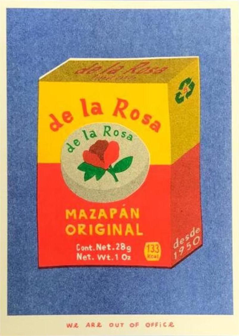 Mazapan Original risograph print by We Are Out of Office – colorful pop-style illustration of a traditional Mexican marzipan candy box, printed with soy ink on 300g Biotop paper in the Netherlands.