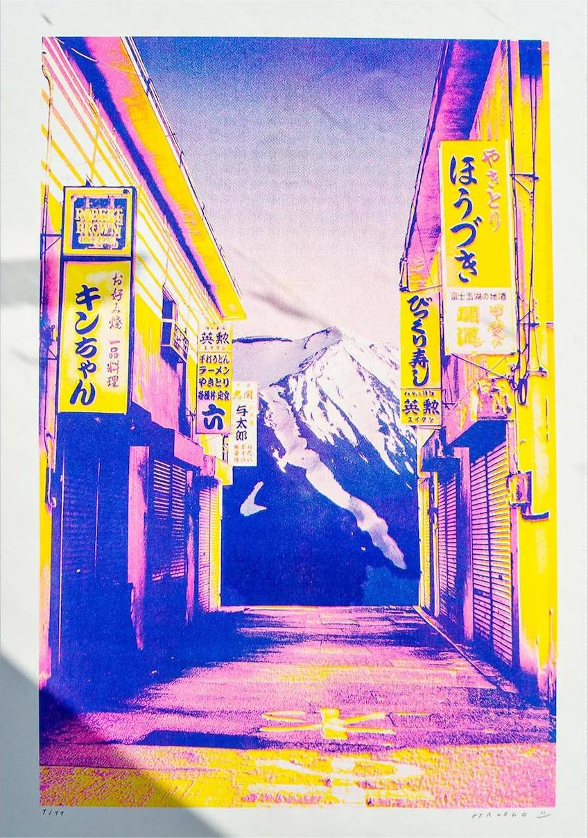 A3 risograph collage print of Fuji Street by PTRVRKD, handmade in vibrant pink, yellow, and blue tones, featuring a Japanese street with Mount Fuji in the background.