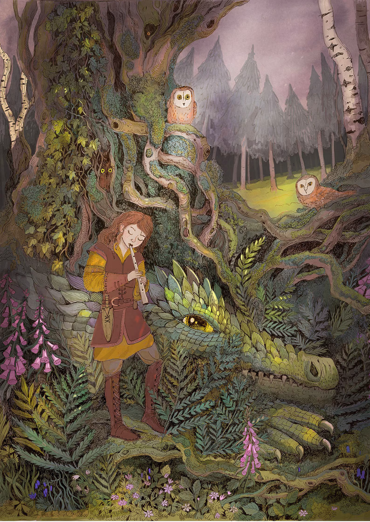 Fantasy art print “Song for a Dragon” by Lena Yampolski featuring a young musician playing the flute beside a resting green dragon in a magical forest with owls, wildflowers, and ancient trees. Celtic-inspired giclée print made in Belgium, perfect for fantasy art lovers and fairy-tale interiors.