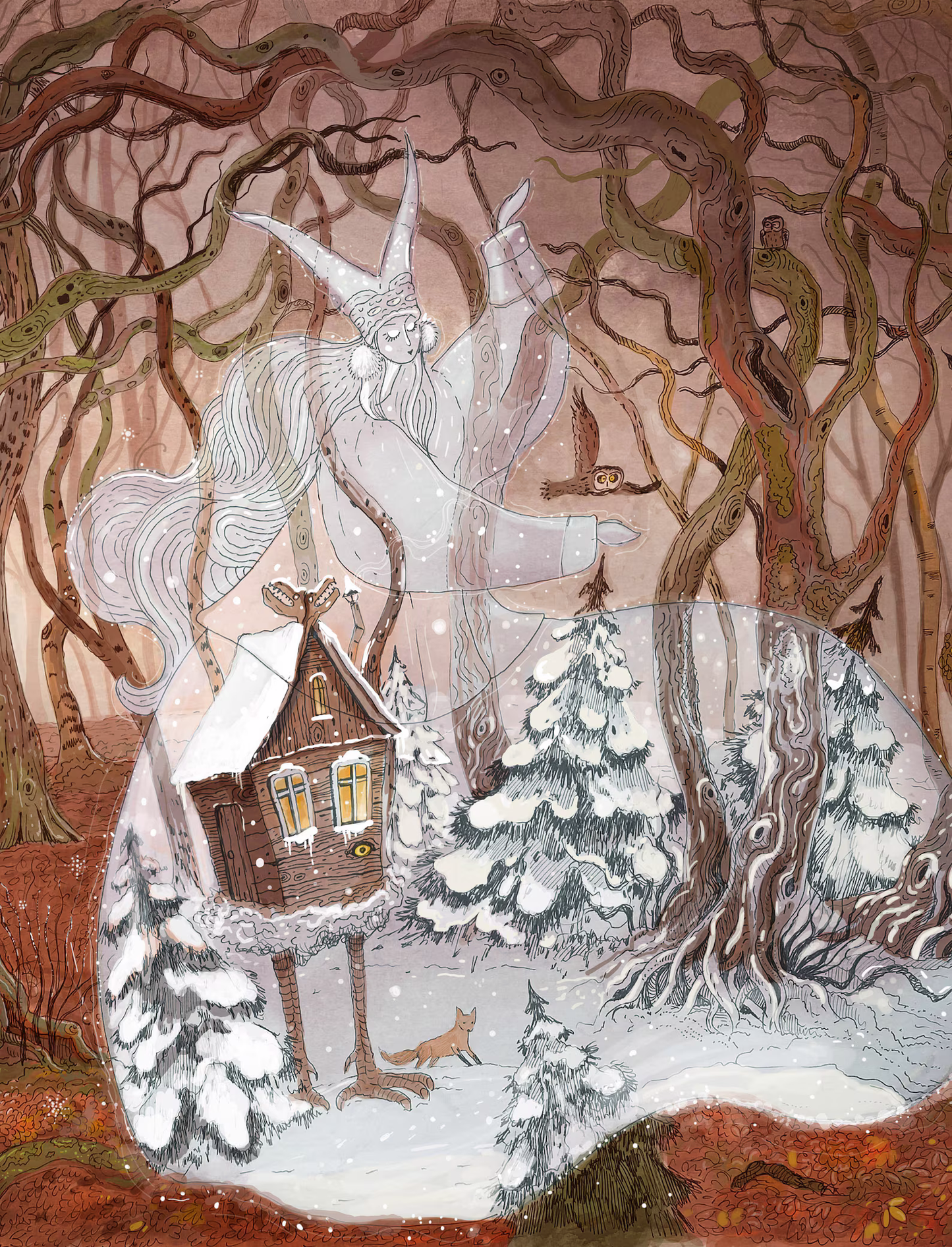 Enchanting winter illustration Baba Yaga’s Cabin by Lena Yampolski — giclée art print featuring a magical hut on chicken legs in a snowy forest, inspired by Slavic folklore and Andersen’s Snow Queen. Perfect fairy-tale wall art for cozy homes and kids’ rooms.