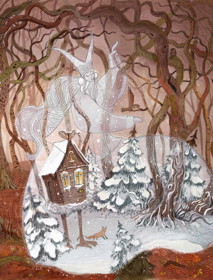 Enchanting winter illustration Baba Yaga’s Cabin by Lena Yampolski — giclée art print featuring a magical hut on chicken legs in a snowy forest, inspired by Slavic folklore and Andersen’s Snow Queen. Perfect fairy-tale wall art for cozy homes and kids’ rooms.