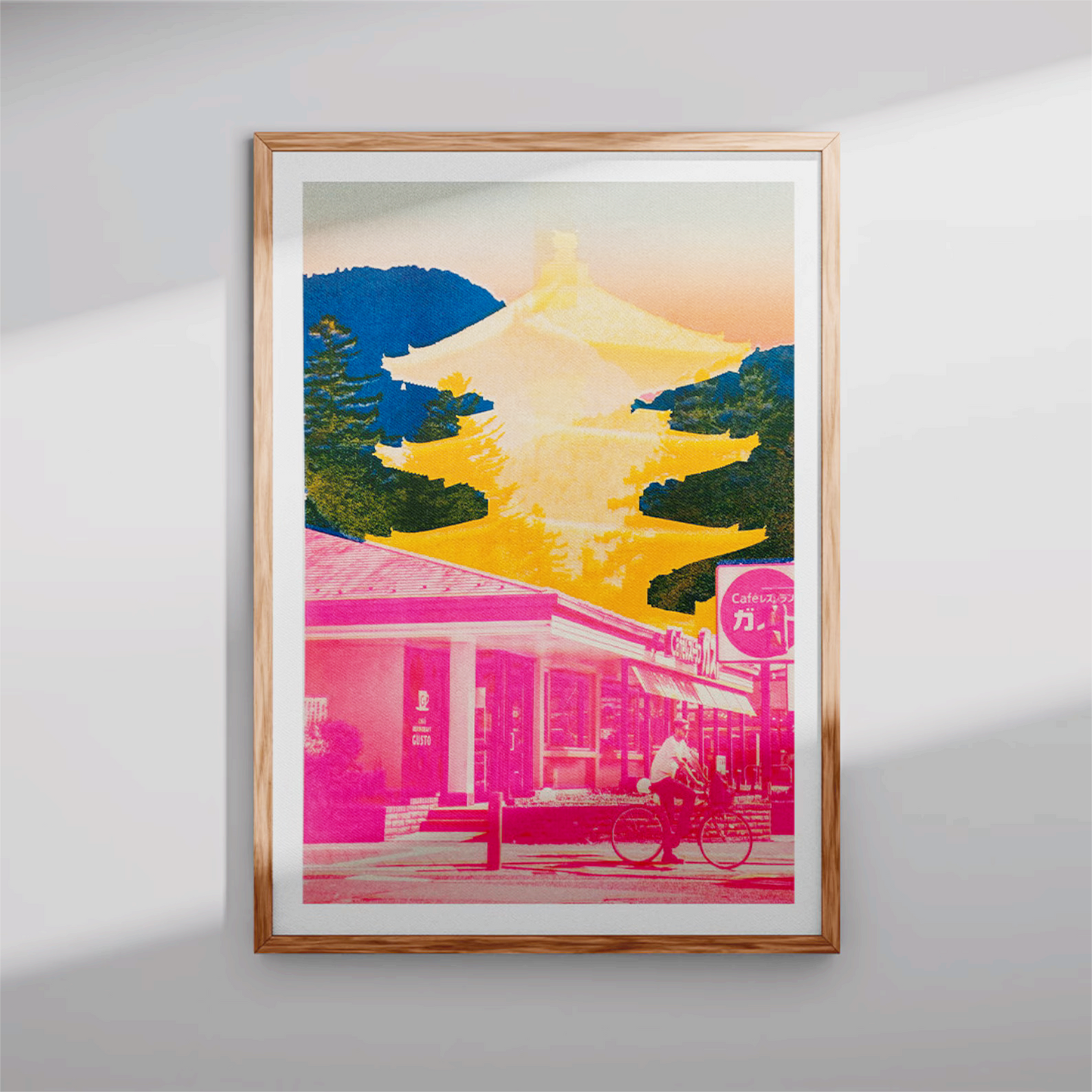 Bold Japan-inspired art print with pink urban street scene, cyclist, yellow Fuji pagoda silhouette and deep blue mountain background – Fuji Landscape Collage 2 by Dutch artist PTRVRKD, A3 risograph print, limited edition.