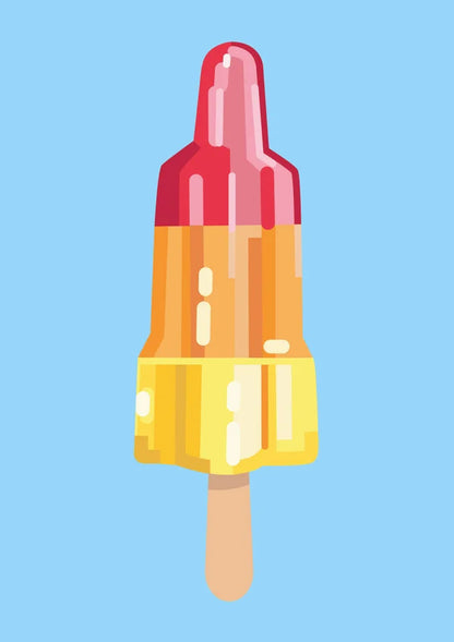 “Rocket Science” by Floor 4 Productions – Colorful A4 art print of a red-yellow rocket-shaped popsicle on a blue background, digital pop art illustration printed in Belgium on matte paper.