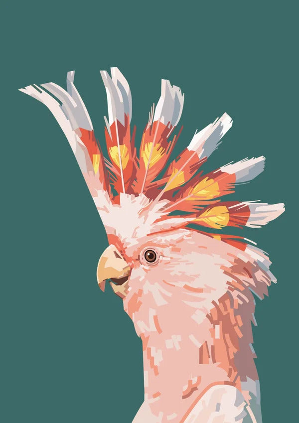 “Fashionista” by Floor 4 Productions – Digital art print of a pink cockatoo with vibrant yellow and orange crest on a muted green background, minimalist A4 wall decor made in Belgium.