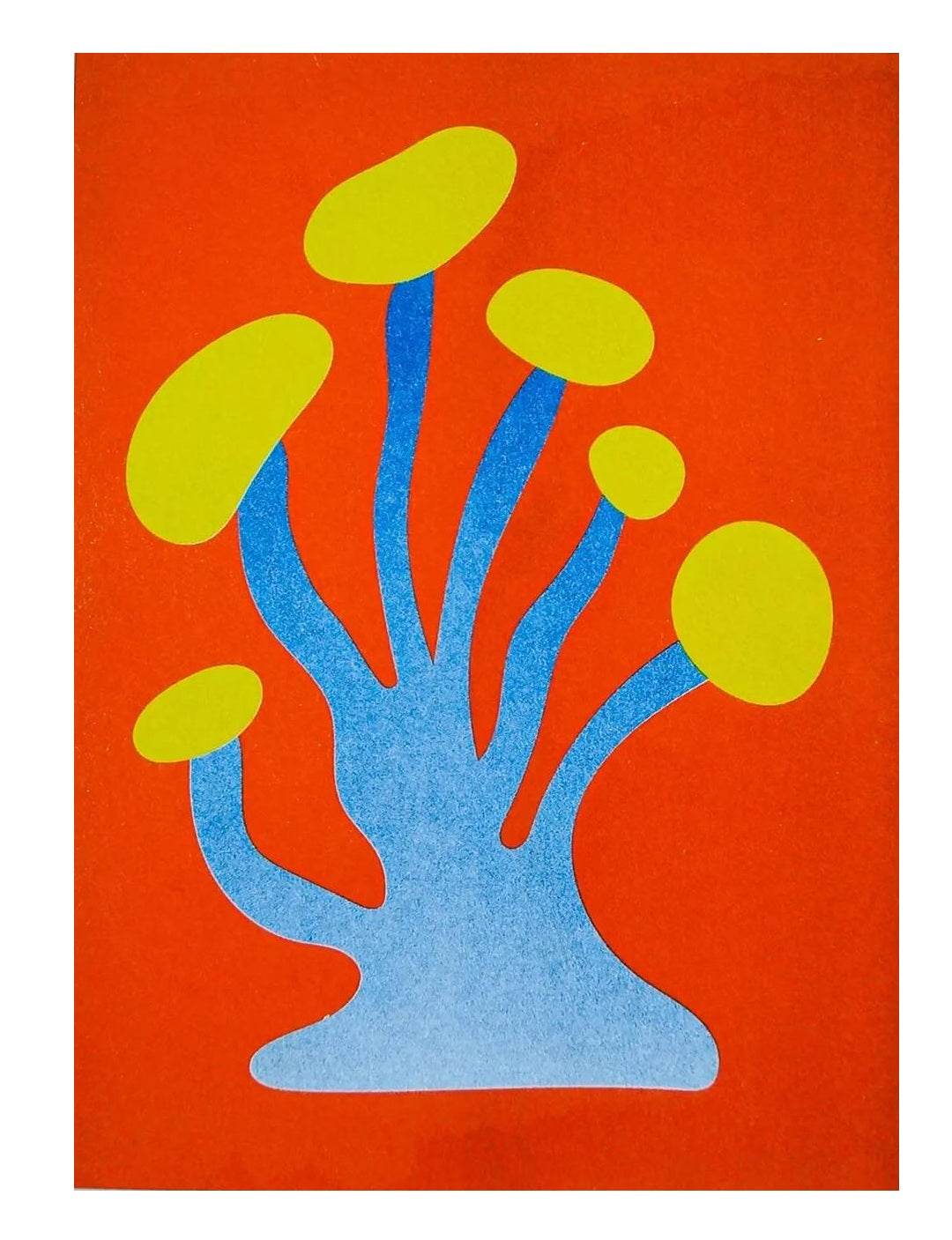 Blue and yellow funky mushroom risograph print by Dutch illustrator PTRVRKD – playful abstract botanical design with organic blue stems, bold yellow caps, and fiery orange background, printed with eco-friendly soy inks on 250 gsm Biotop paper, handmade in the Netherlands – quirky small art print for modern interiors.
