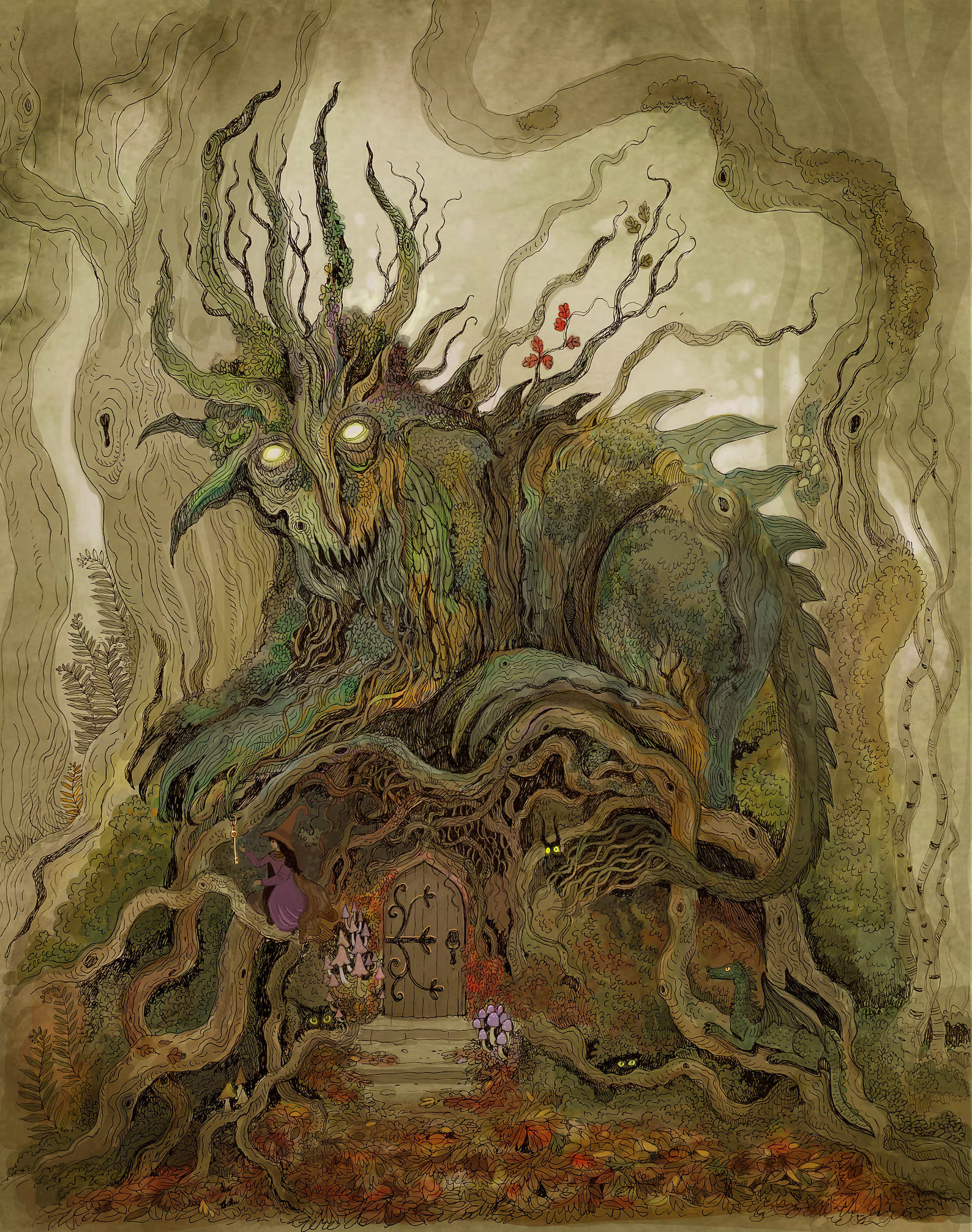 Detailed fantasy illustration by Lena Yampolski titled The Guard, showing a giant tree creature with glowing eyes protecting a wooden door in a forest. Rich earthy colors, roots, branches, mushrooms, and a small figure in purple cloak evoke an enchanted, fairy-tale atmosphere. Giclée fine art print, 23 x 29.2 cm.