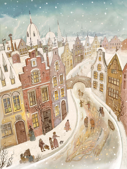 Snow Dragon art print by Lena Yampolski — whimsical winter city illustration featuring a golden dragon sleeping beneath a frozen canal, surrounded by people and snow-covered medieval houses. Cozy fairytale giclée print perfect for Christmas home decor.