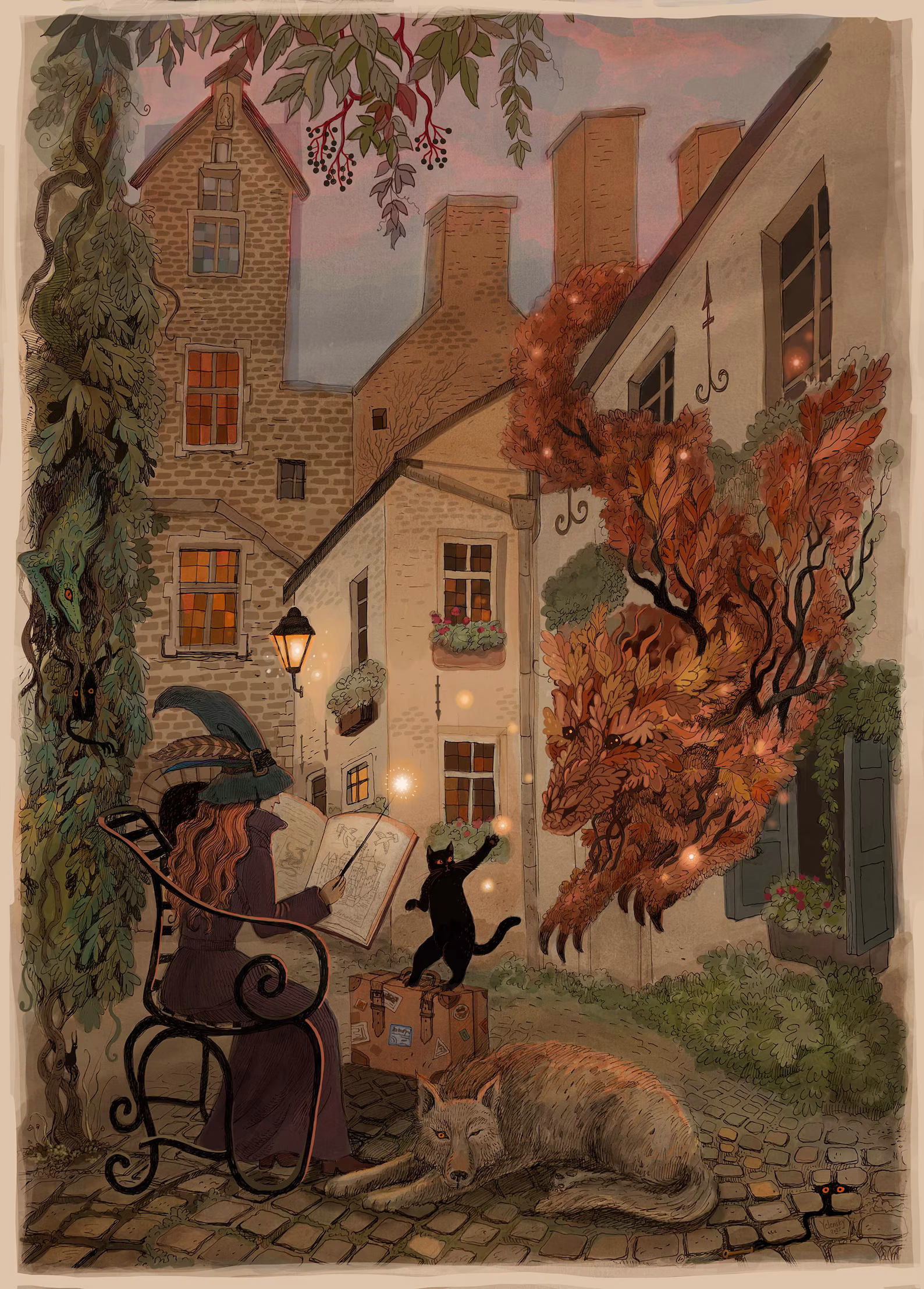Enchanting giclée art print by Lena Yampolski featuring a whimsical witch reading a spellbook in a charming Antwerp courtyard with a black cat, a glowing leaf creature, and warm streetlight tones. Perfect wall art for lovers of fantasy, witches, and European magic scenes.