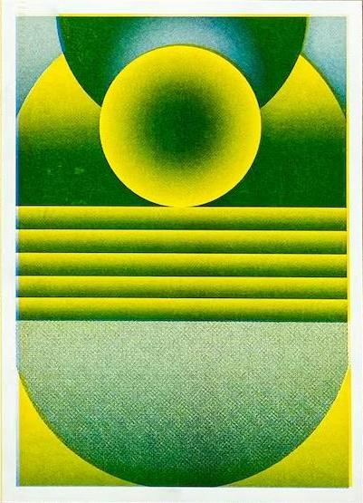 Yellow and green geometric risograph print by Dutch artist PTRVRKD – abstract landscape with bold spheres, gradients, and layered shapes, printed with eco-friendly soy inks on 250 gsm Biotop paper, handmade in the Netherlands – ideal minimalist wall art for modern interiors.