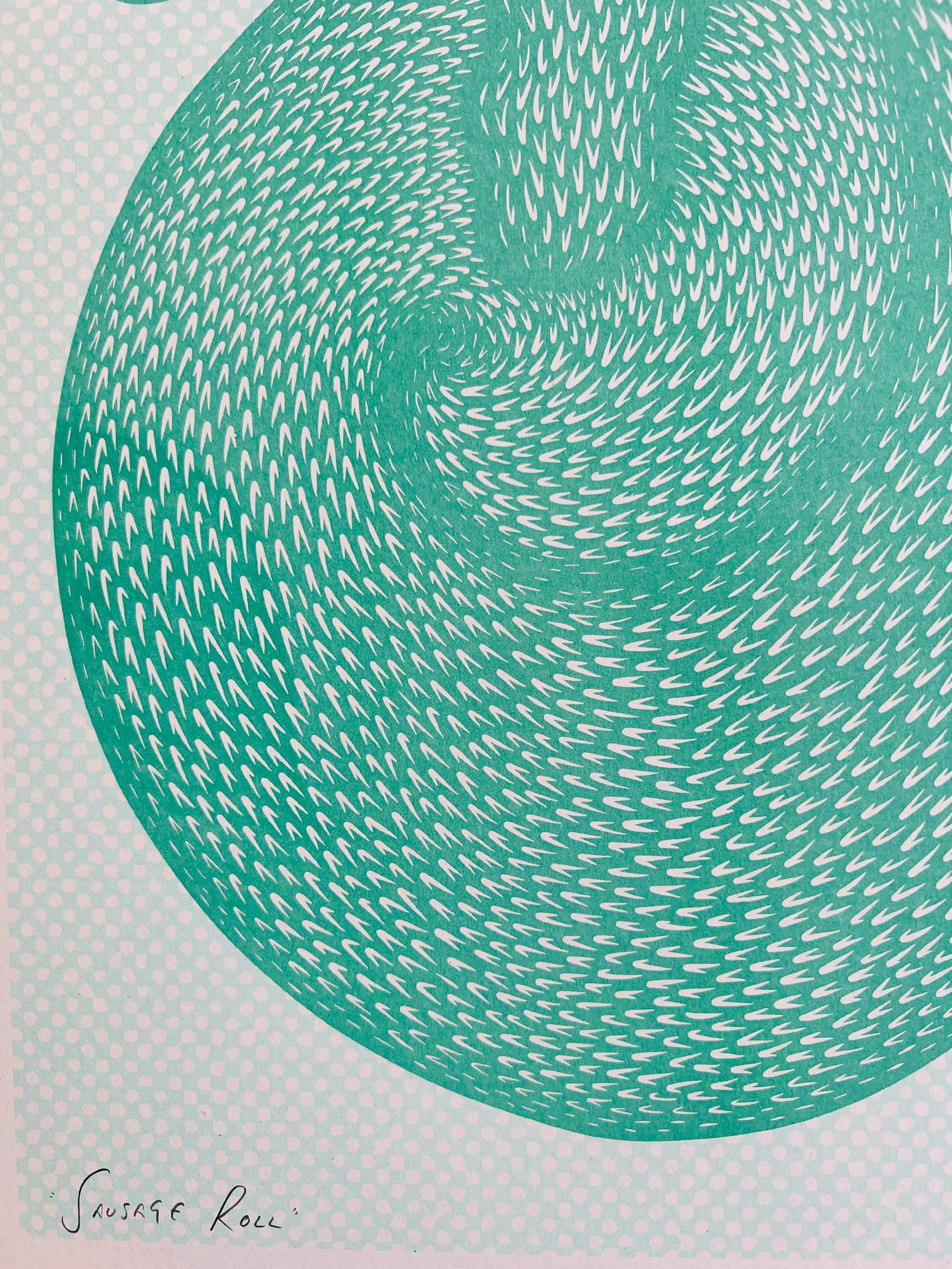 Playful risograph illustration of a curled-up green animal resembling a fox or dog, with hypnotic, swirling fur patterns and expressive eyes, titled Sausage Roll by Strangford, printed on A3 recycled paper in Northern Ireland.