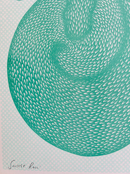 Playful risograph illustration of a curled-up green animal resembling a fox or dog, with hypnotic, swirling fur patterns and expressive eyes, titled Sausage Roll by Strangford, printed on A3 recycled paper in Northern Ireland.