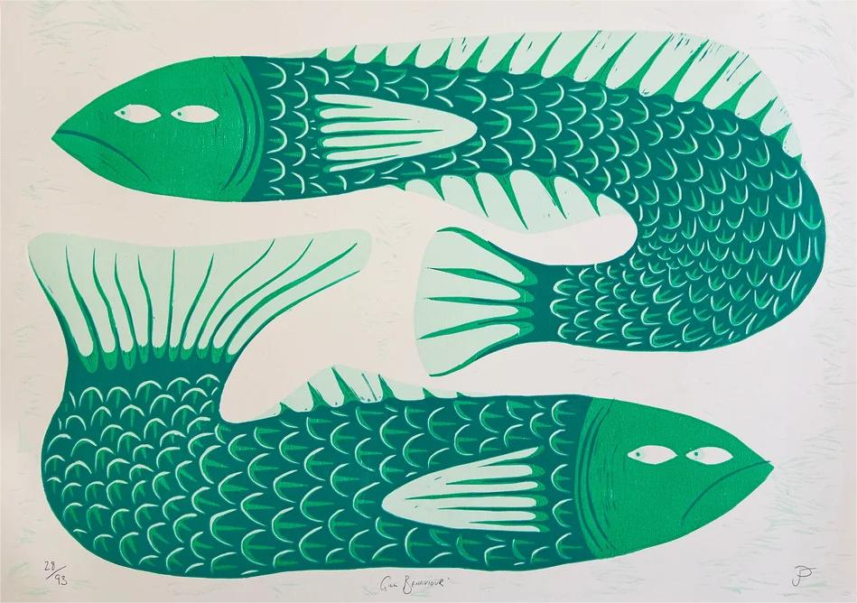 Limited edition risograph art print titled Gill Behaviour by Northern Irish artist Strangford. The artwork features two green fish with expressive eyes, intertwined in a surreal underwater embrace. Printed on recycled A3 paper using linocut and oil-based inks. Edition 56 of 93. Bold, quirky, and handmade—perfect for collectors and lovers of whimsical animal art.