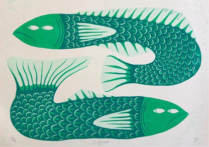 Limited edition risograph art print titled Gill Behaviour by Northern Irish artist Strangford. The artwork features two green fish with expressive eyes, intertwined in a surreal underwater embrace. Printed on recycled A3 paper using linocut and oil-based inks. Edition 56 of 93. Bold, quirky, and handmade—perfect for collectors and lovers of whimsical animal art.
