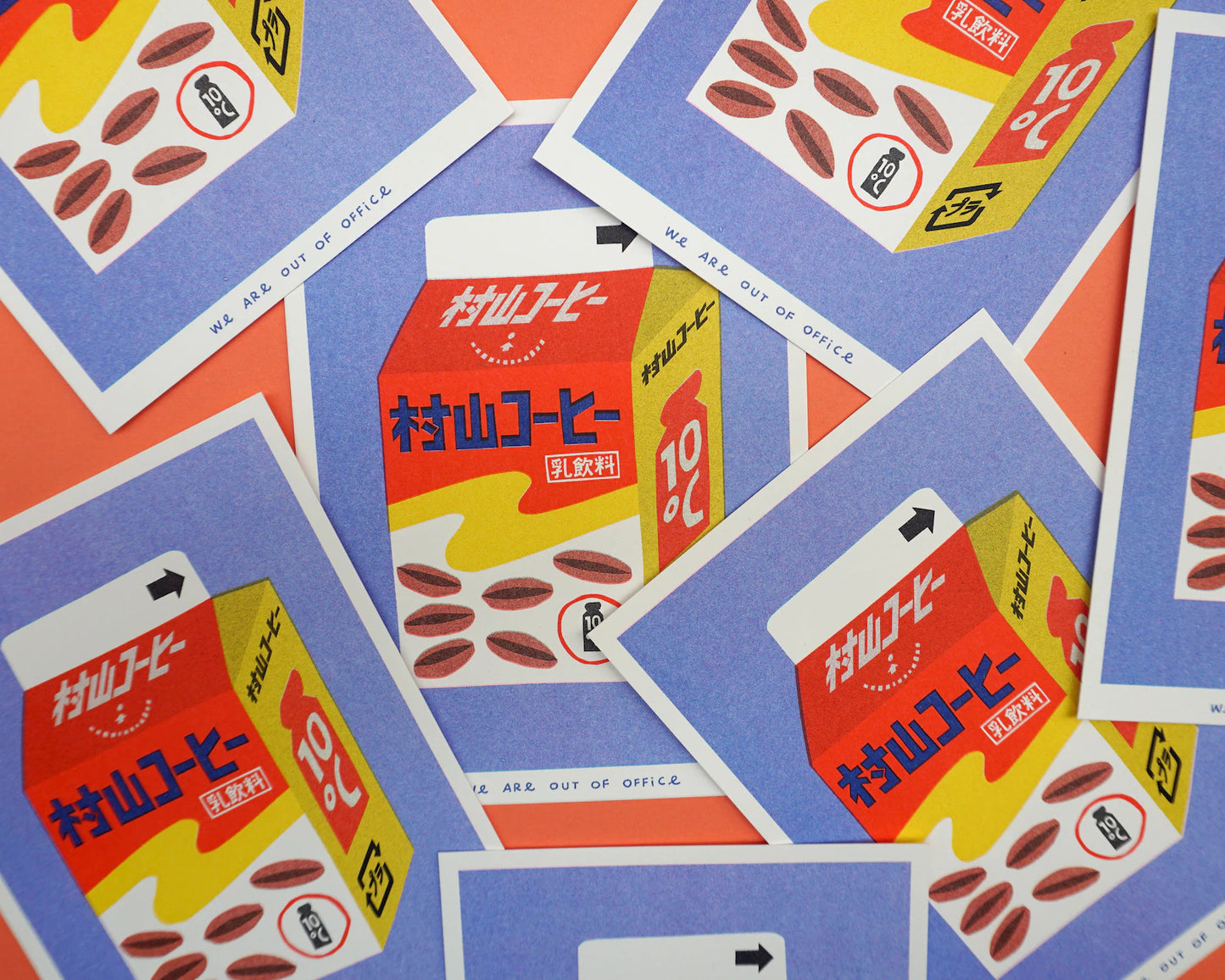 Box Milky Coffee art print by We Are Out Of The Office – retro Japanese-style illustration of a colorful coffee milk carton with bold typography and playful design, perfect for kitchen or cafe decor, modern pop art available at Galerie Frits