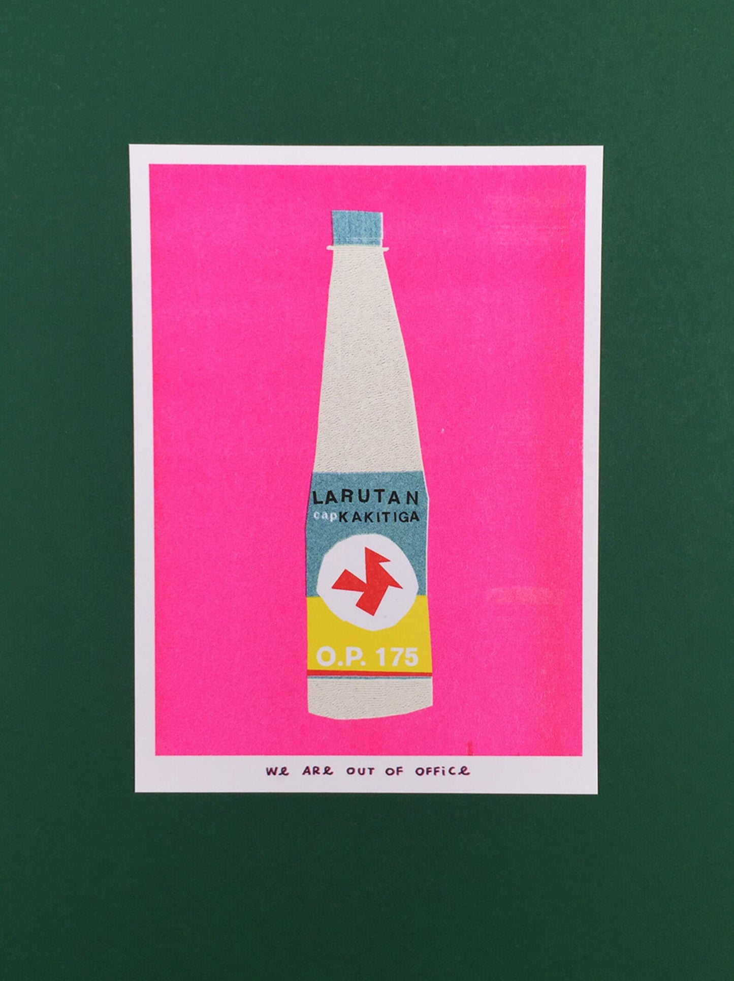 Indonesian Bottle Kakitiga risograph print by We Are Out of Office – colorful minimalist soy-ink artwork on 300g Biotop paper, inspired by Indonesian daily life, printed in the Netherlands.