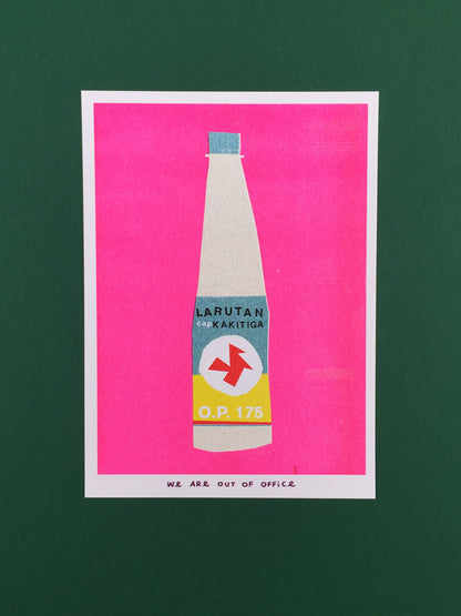 Indonesian Bottle Kakitiga risograph print by We Are Out of Office – colorful minimalist soy-ink artwork on 300g Biotop paper, inspired by Indonesian daily life, printed in the Netherlands.