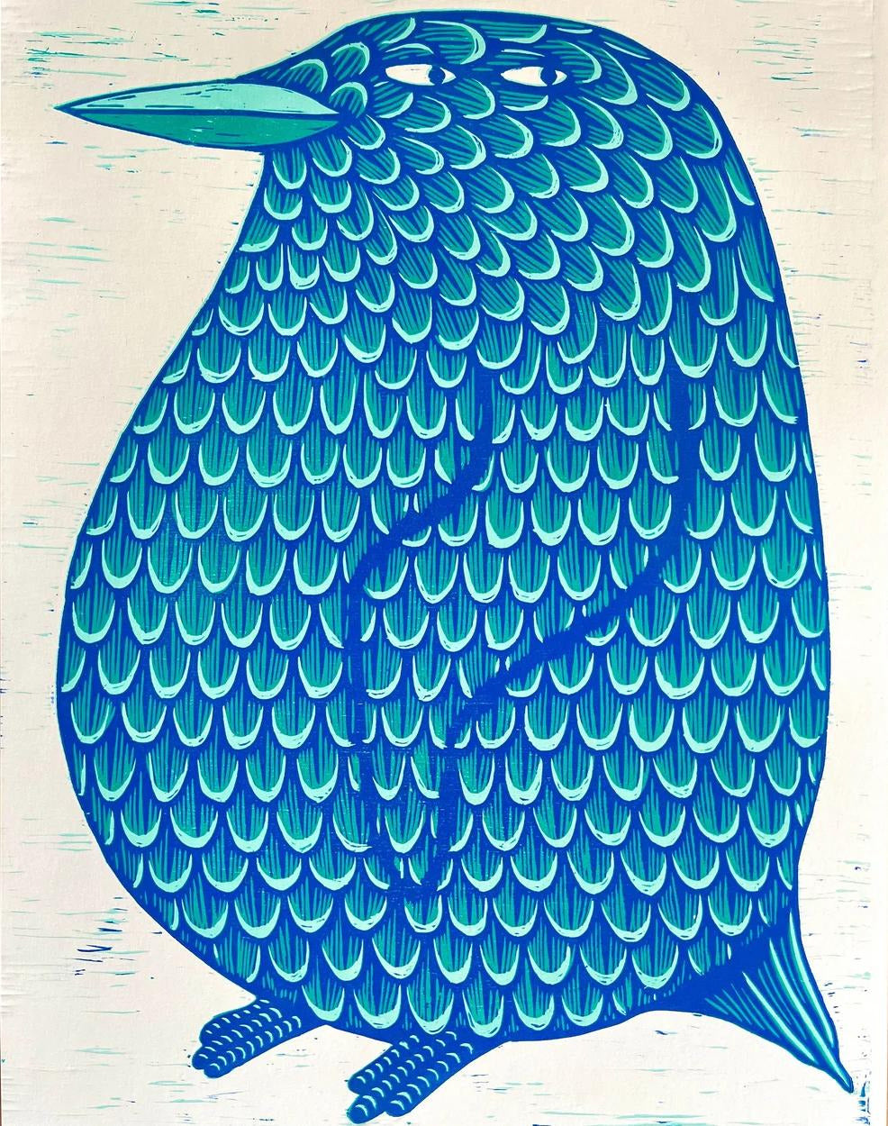 Limited edition 50 x 70 cm woodcut titled Waddle I Do by Northern Irish artist Strangford. Features a whimsical blue bird with expressive eyes and intricate feather textures, hand-printed using oil-based ink on 300g paper. Edition of 90, handcrafted in Northern Ireland.