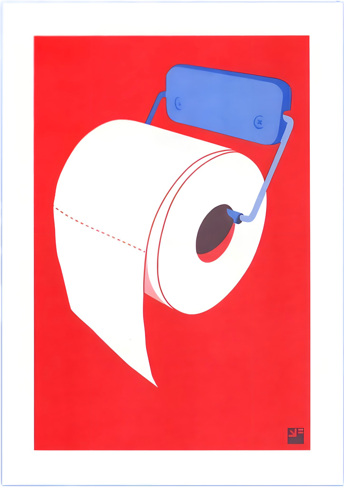 Minimalist risograph art print of a toilet paper roll in bold red and blue by VrijFormaat. Modern pop-art style wall art celebrating everyday design objects. Printed on Biotop 160g paper, A4 size, made in the Netherlands.