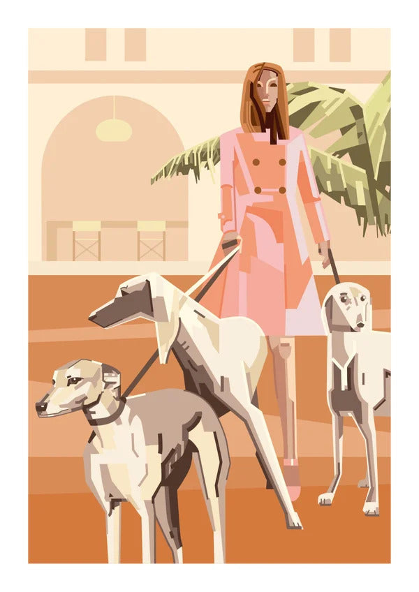 “Who Let the Dogs Out” by Floor 4 Productions – A3 digital art print of a fashionable woman walking three elegant greyhounds in a modern, pastel urban setting, Belgian illustration.