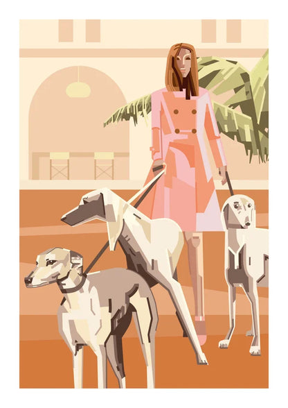 “Who Let the Dogs Out” by Floor 4 Productions – A3 digital art print of a fashionable woman walking three elegant greyhounds in a modern, pastel urban setting, Belgian illustration.