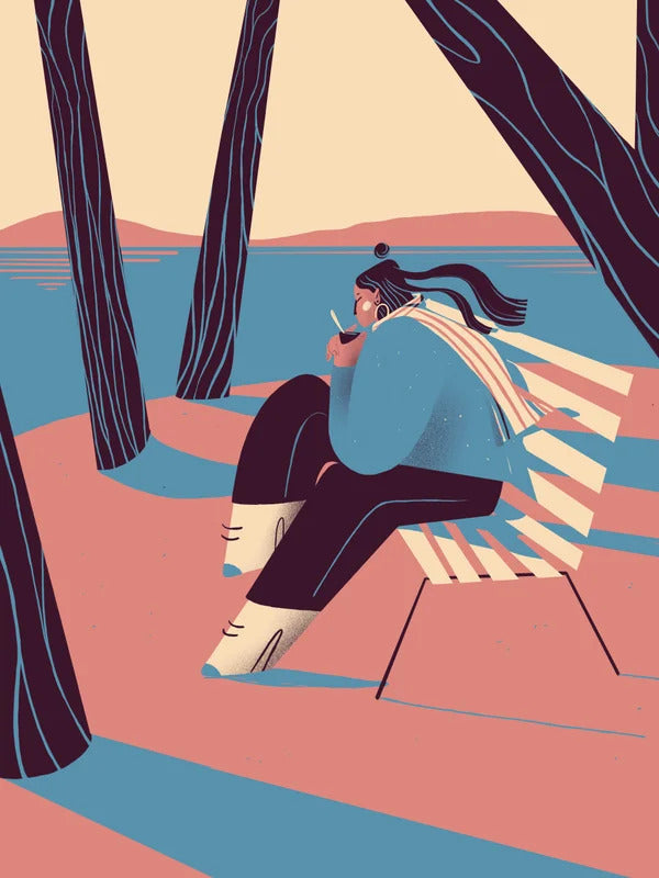 “Autumn” by Gheleyne Bastiaen – 30x40 cm art print of a woman sitting by the lake, sipping wine, with flowing scarf and soft shadows in pink, blue and cream tones, digital Belgian illustration.