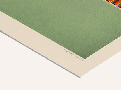 Richard Neutra VDL Studio architectural art print by Studio Sander Patelski featuring a modernist 1930s house with geometric lines, warm orange accents, and a soft green textured background, printed in a vintage-inspired mid-century modern style.