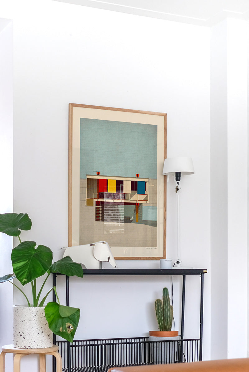 Mid-century modern architectural digital art print by Studio Sander Patelski, showing the Breuer, Beckhard, Alworth and Starkey House from 1955 with geometric shapes, warm textures, and vintage-inspired colours.