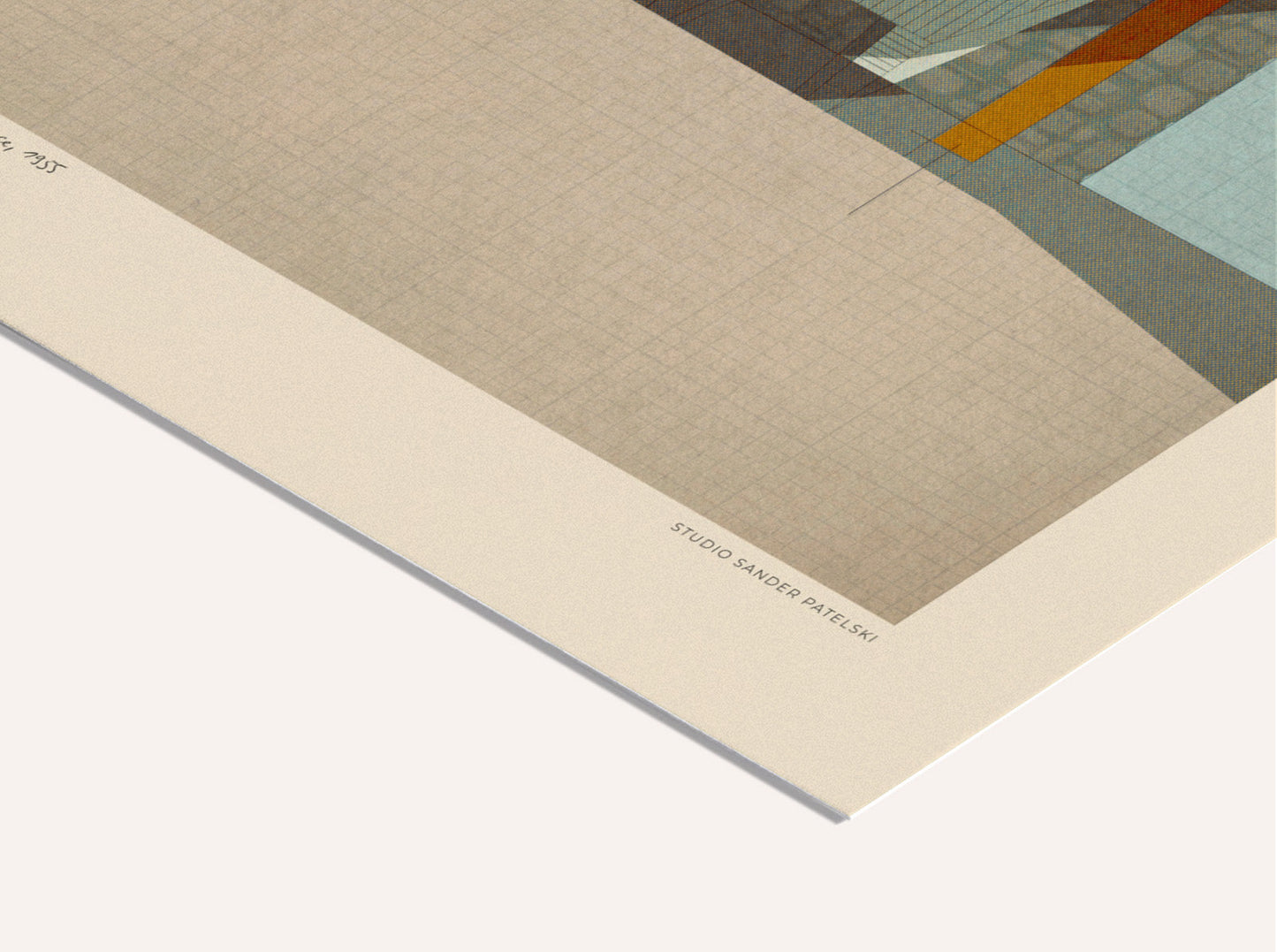Mid-century modern architectural digital art print by Studio Sander Patelski, showing the Breuer, Beckhard, Alworth and Starkey House from 1955 with geometric shapes, warm textures, and vintage-inspired colours.