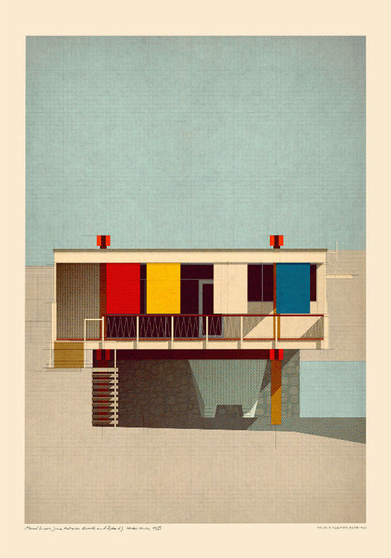 Mid-century modern architectural digital art print by Studio Sander Patelski, showing the Breuer, Beckhard, Alworth and Starkey House from 1955 with geometric shapes, warm textures, and vintage-inspired colours.