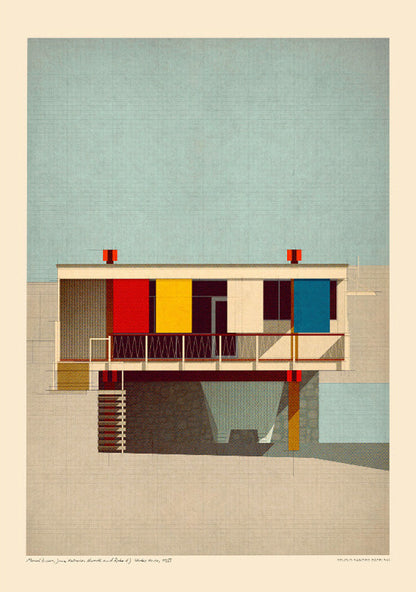 Mid-century modern architectural digital art print by Studio Sander Patelski, showing the Breuer, Beckhard, Alworth and Starkey House from 1955 with geometric shapes, warm textures, and vintage-inspired colours.