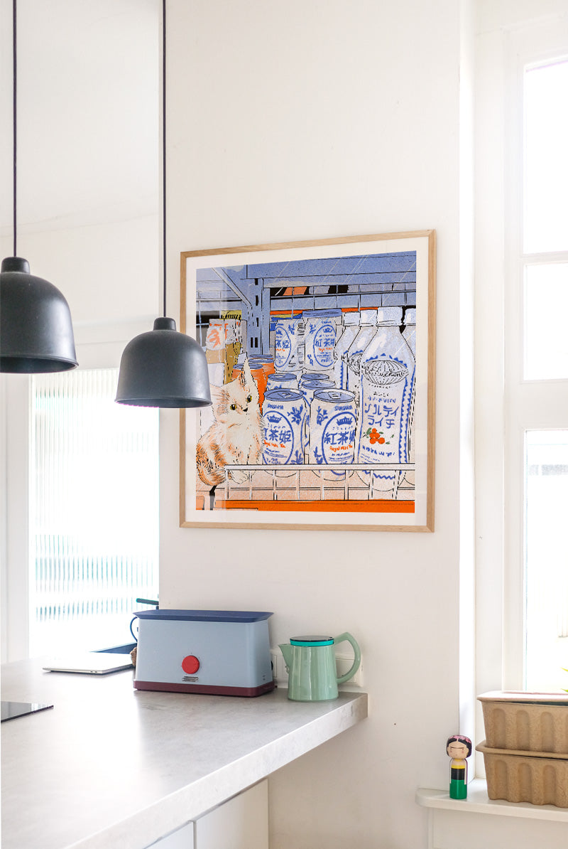 Cozy kitchen shelf illustration featuring a small orange and white cat sitting beside drinks cans and bottles, soft pastel tones, square giclée art print for modern home decor