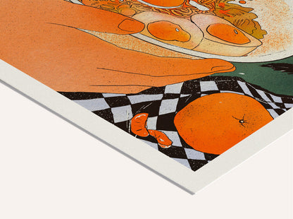Midnight Noodles by Enikő Eged, 50 x 50 cm archival giclée art print featuring a cozy noodle bowl scene with a black cat, warm orange tones, and Japanese-inspired details.
