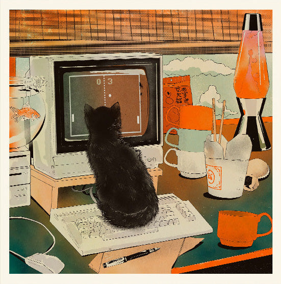 Retro Gaming Cat art print by Enikő Eged, featuring a black cat sitting on a desk in front of a vintage computer game, surrounded by retro home decor, warm orange tones, a lava lamp, coffee cup, and playful nostalgic details.