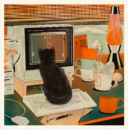 Retro Gaming Cat art print by Enikő Eged, featuring a black cat sitting on a desk in front of a vintage computer game, surrounded by retro home decor, warm orange tones, a lava lamp, coffee cup, and playful nostalgic details.