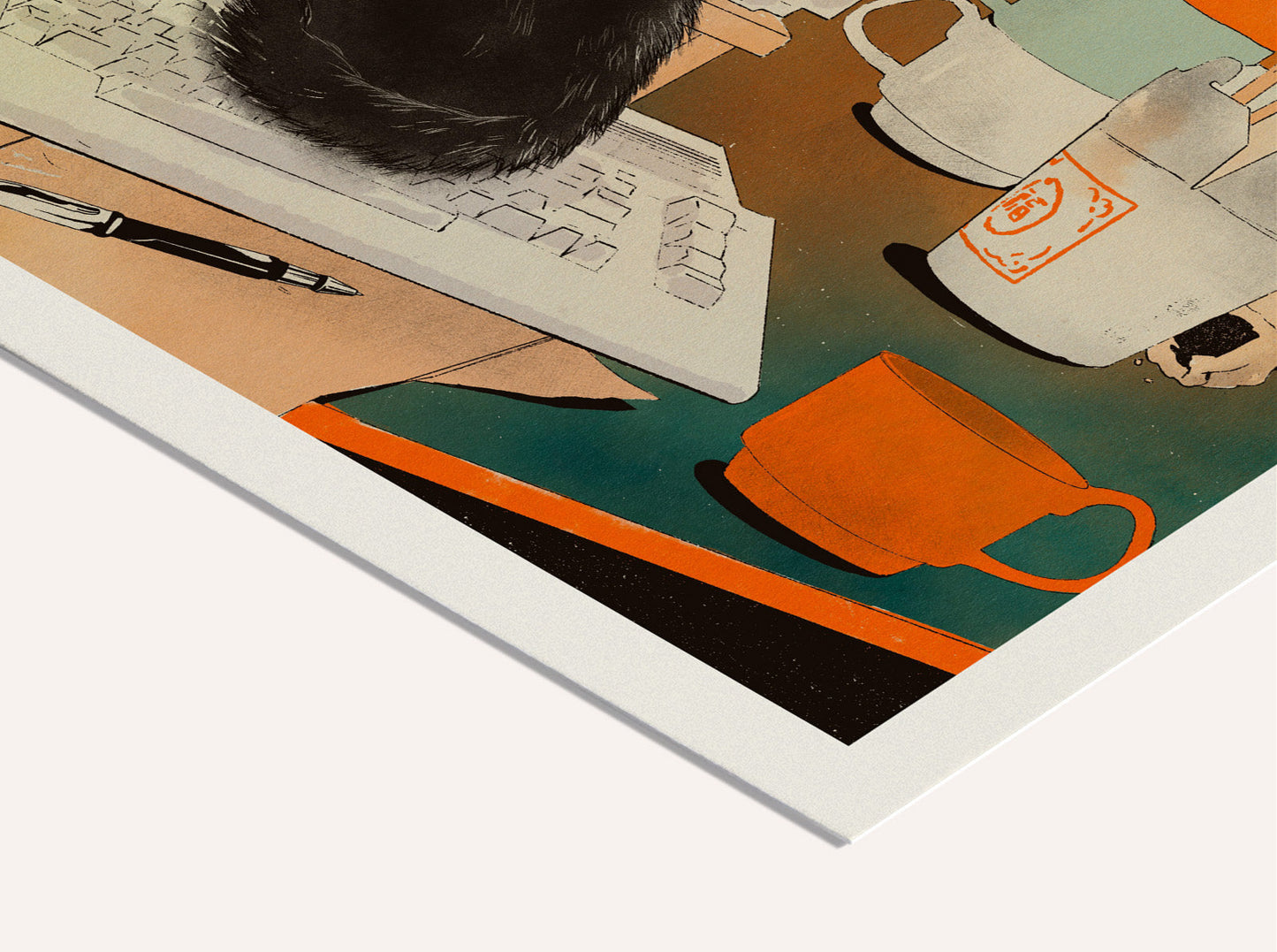 Retro Gaming Cat art print by Enikő Eged, featuring a black cat sitting on a desk in front of a vintage computer game, surrounded by retro home decor, warm orange tones, a lava lamp, coffee cup, and playful nostalgic details.