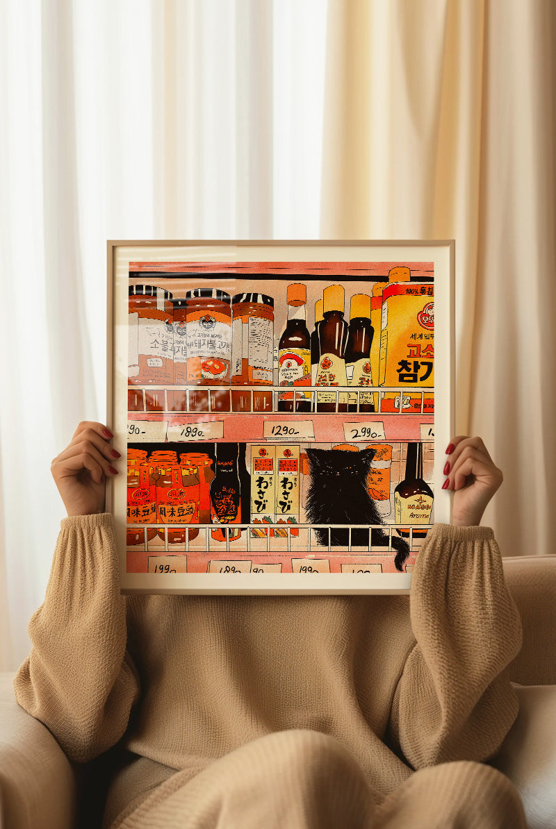 Archival giclée art print by Enikő Eged showing a black cat looking at Japanese grocery shelves filled with colorful sauces, jars, and food packaging.