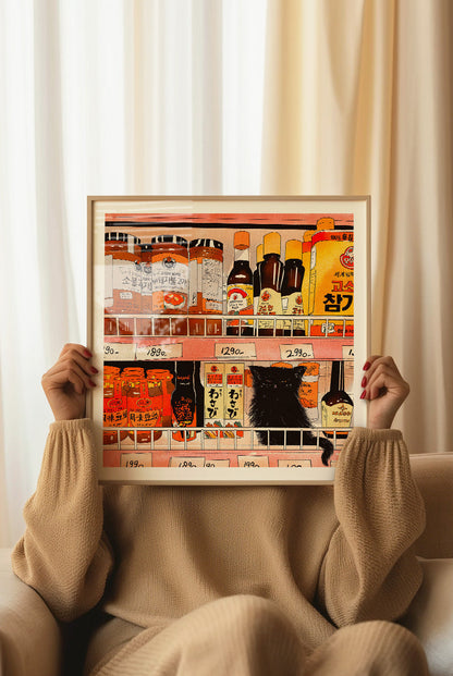 Archival giclée art print by Enikő Eged showing a black cat looking at Japanese grocery shelves filled with colorful sauces, jars, and food packaging.