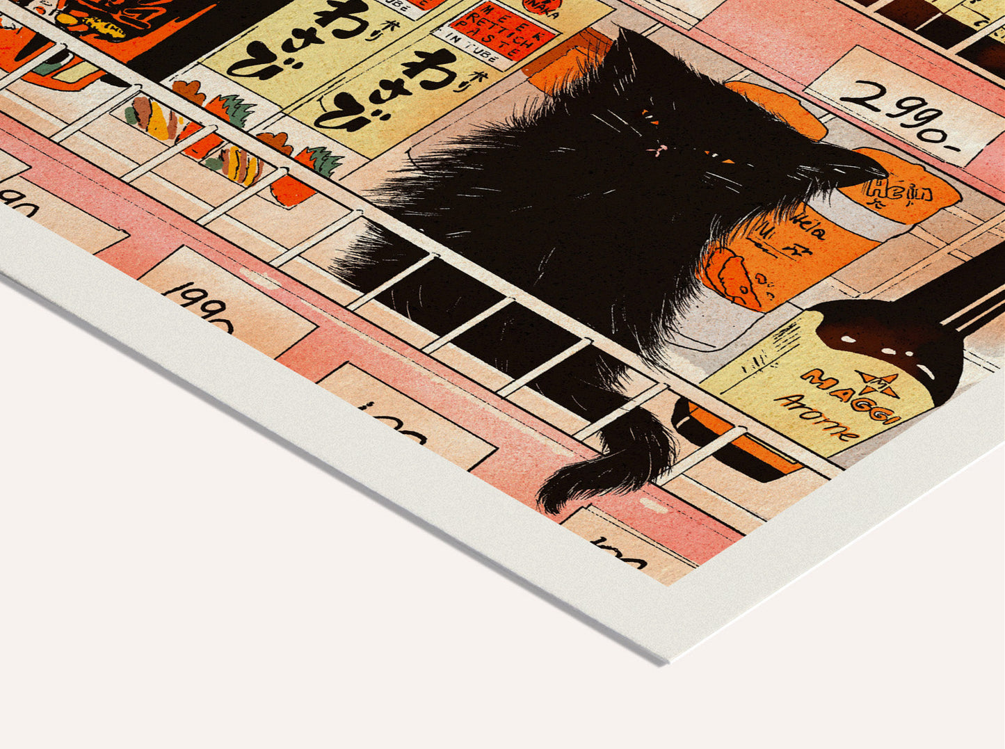 Archival giclée art print by Enikő Eged showing a black cat looking at Japanese grocery shelves filled with colorful sauces, jars, and food packaging.