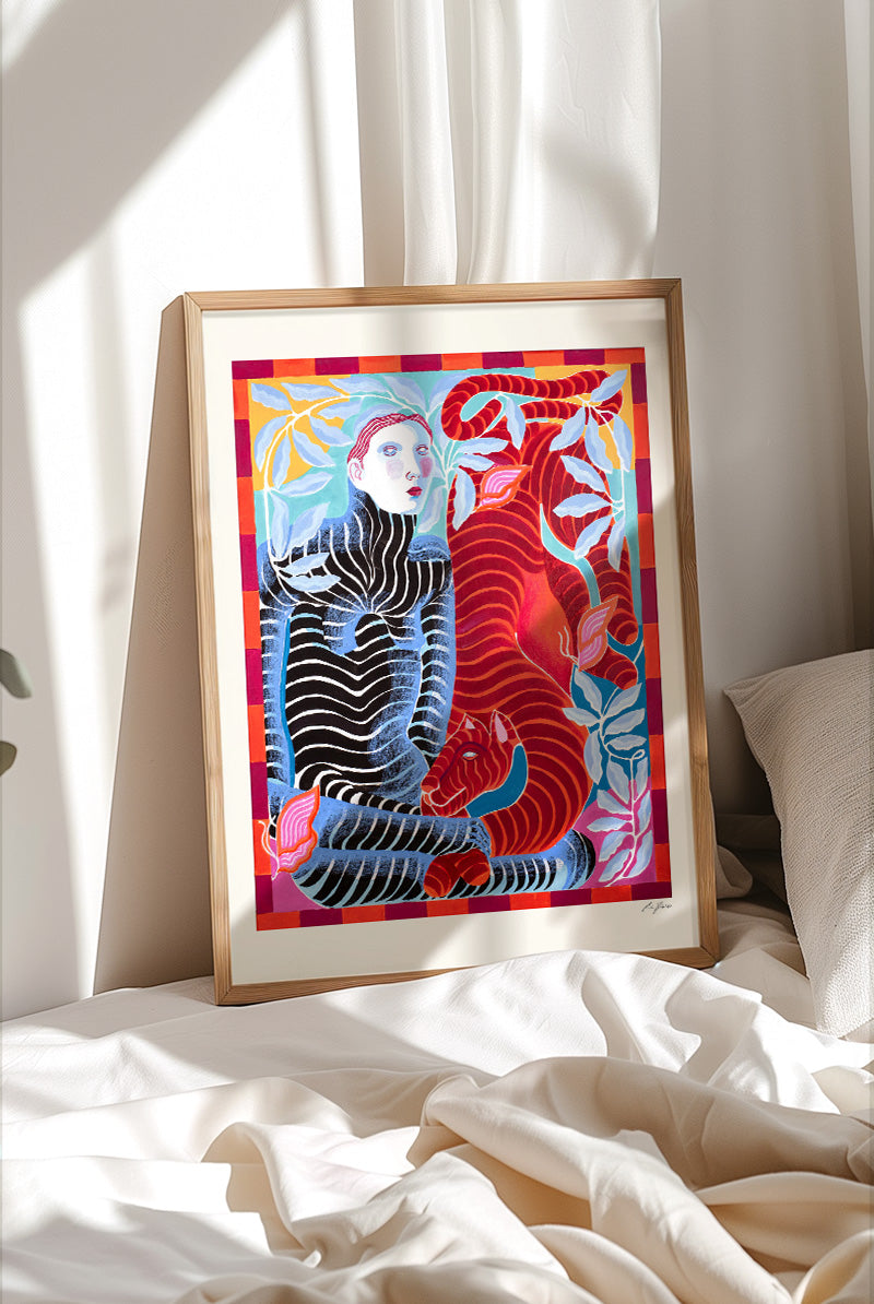 The Affair by Carla Petelski, contemporary figurative fine art print featuring a striped woman and red tiger surrounded by botanical elements in vivid pink, blue, orange, and red tones, modern symbolic wall art for contemporary interiors.