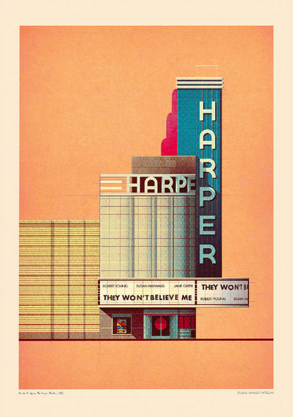 The Harper Theater 1939 by Sander Patelski, large 50 x 70 cm architectural digital art print featuring a vintage Art Deco cinema facade in warm peach, blue, and red tones with retro typography and minimalist urban design.