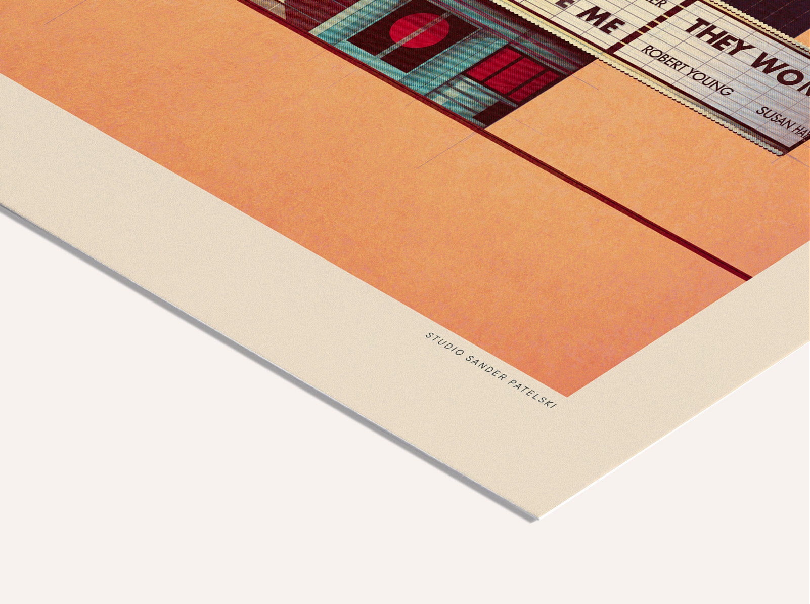 The Harper Theater 1939 by Sander Patelski, large 50 x 70 cm architectural digital art print featuring a vintage Art Deco cinema facade in warm peach, blue, and red tones with retro typography and minimalist urban design.