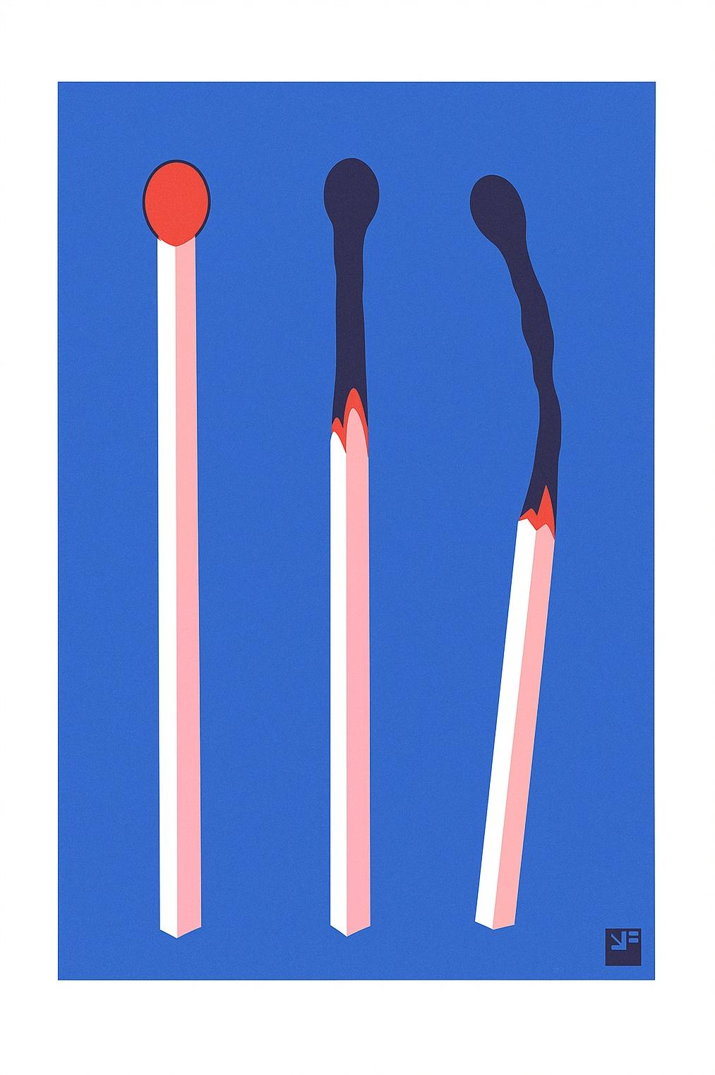 Minimalist risograph art print of three red and blue matchsticks in various stages of burning, designed by VrijFormaat on A4 Biotop paper.
