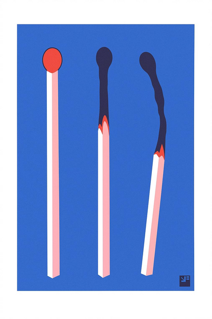 Minimalist risograph art print of three red and blue matchsticks in various stages of burning, designed by VrijFormaat on A4 Biotop paper.