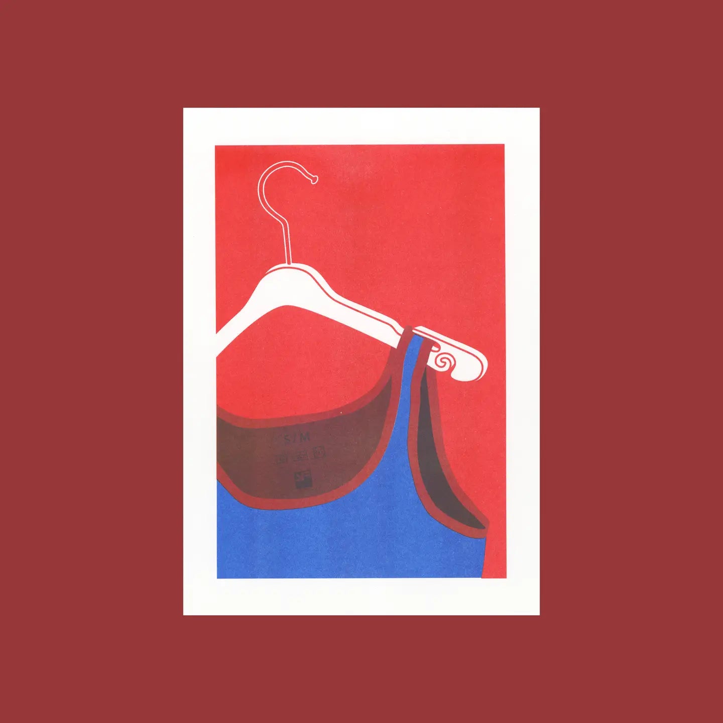 Risograph art print of a white coat hanger with a blue tank top by VrijFormaat. Minimalist red and blue composition celebrating everyday objects in bold graphic style. Perfect wall art for modern homes and design enthusiasts.