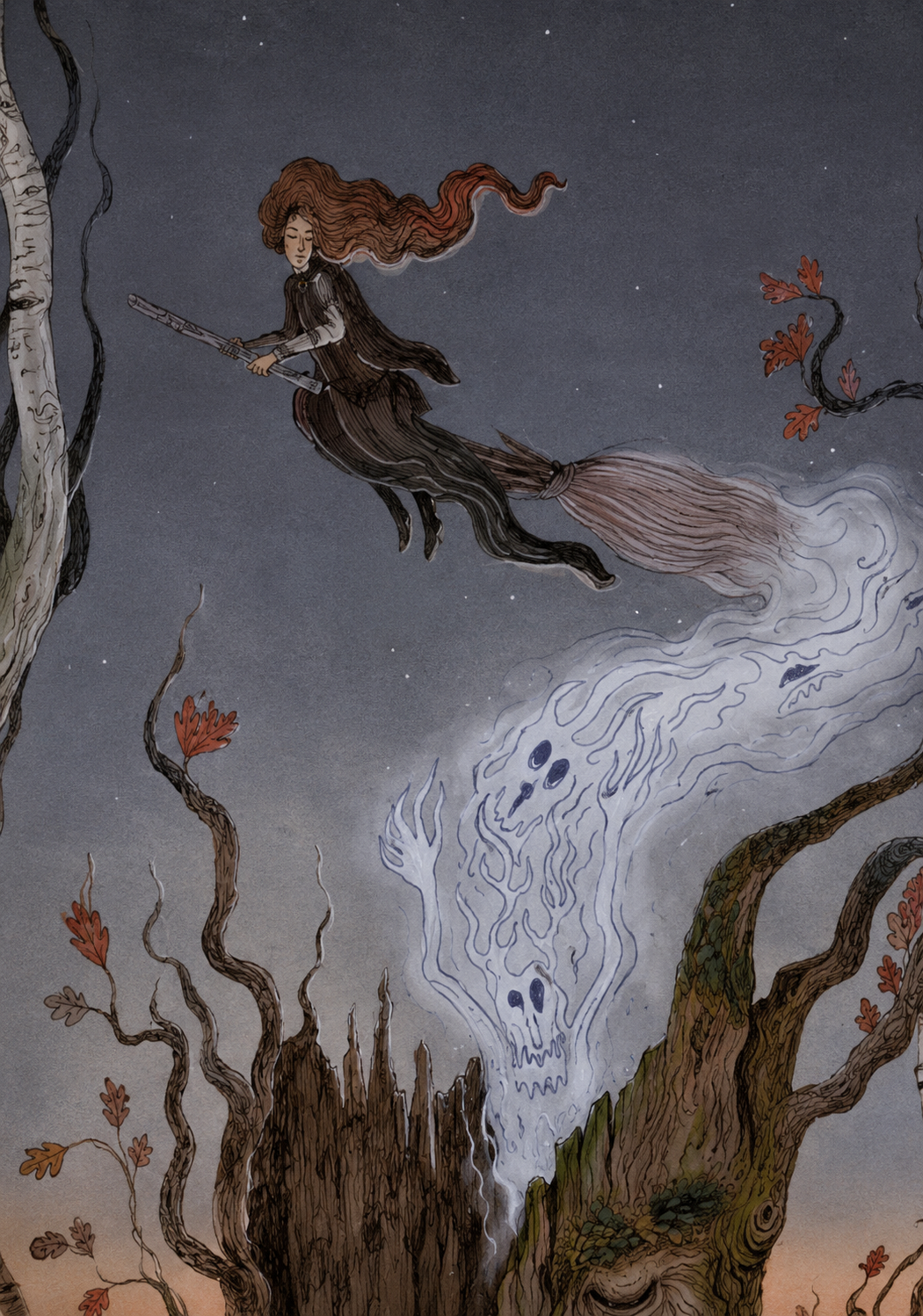 Detailed fantasy forest illustration featuring witches gathered around an ancient tree spirit at twilight, with a ghostly woodland creature and flying witch. Rich earthy colors, folklore-inspired giclée print, vertical wall art for cozy home decor.